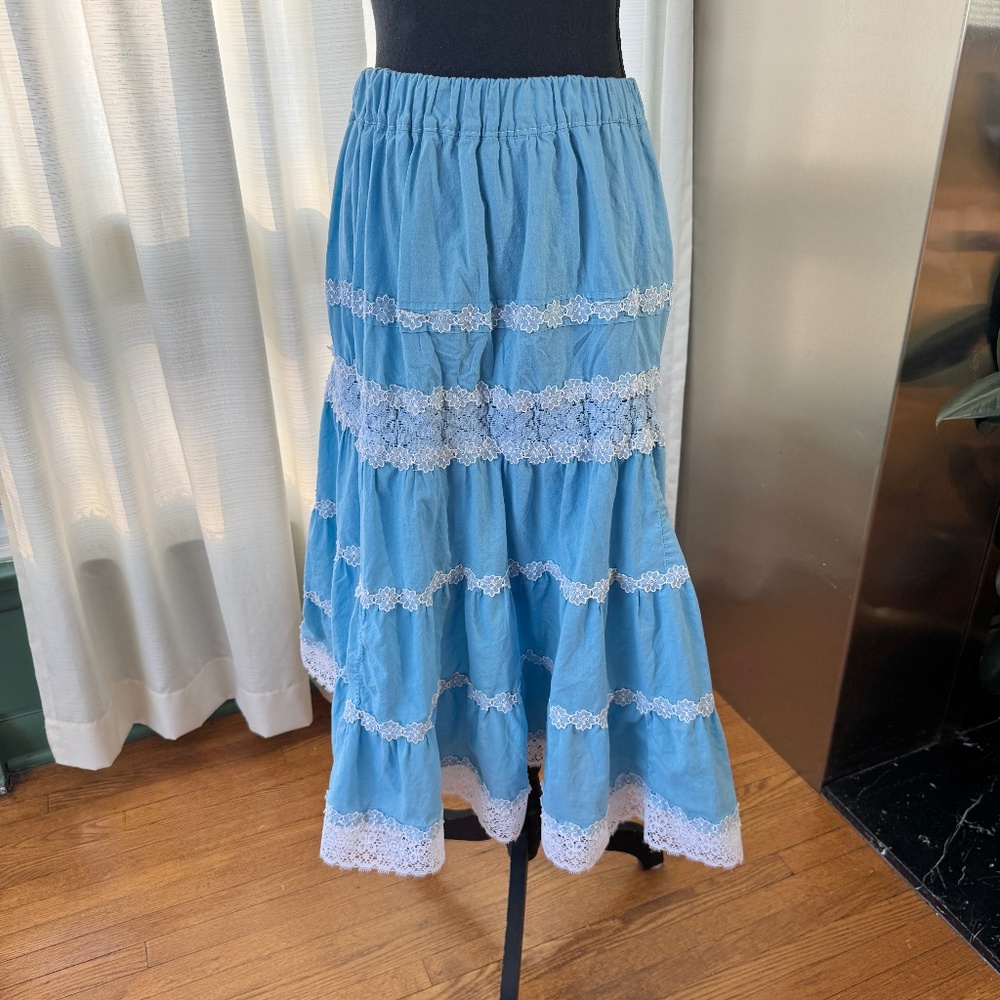 Vintage 80s boho skirt, powder blue ruffled, double layers, modern size 8/10 (M)